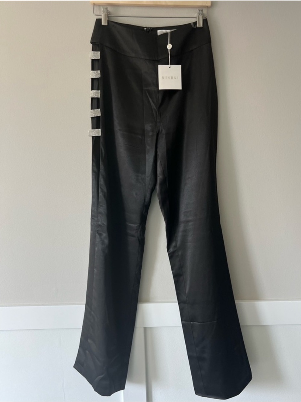 Meshki Black Satin straight leg Pants with Crystal Strap Detailing NWT